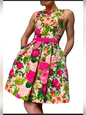 Eliza J Floral Fit-and-Flare Mini Dress in Hot Pink, Green and Cream